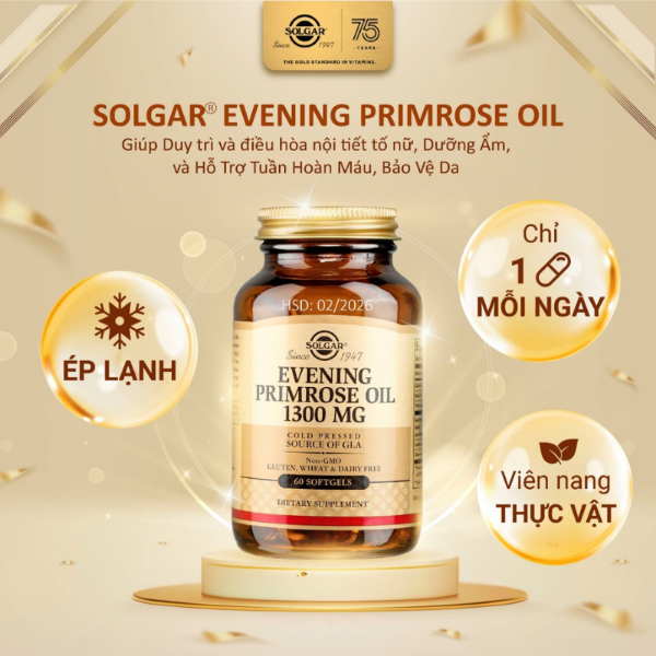 Ảnh của [HÀNG NHẬP KHẨU]  Viên uống Solgar Evening Primrose Oil 1300 mg dầu anh thảo hỗ trợ cân bằng nội tiết nữ (Chai 60 viên)